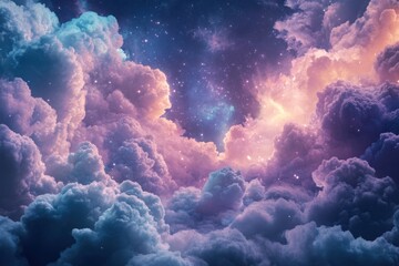 Fototapeta premium Magical night sky with pastel clouds, sparkling stars, glowing l