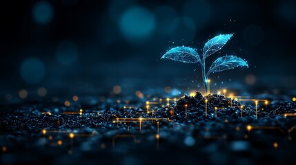Digital Plant Growth Concept, Futuristic Seedling in Soil, Renewable Energy and Technology Illustration