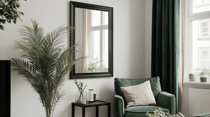 Fototapeta premium Serene Living Room Interior Design with Green Accents