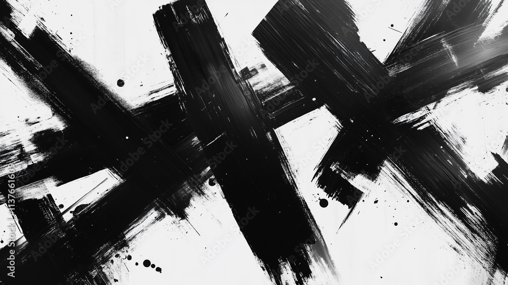 Poster the image is a black and white painting of two intersecting lines. the lines are thick and bold, cre