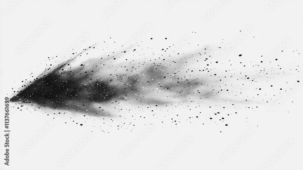Poster a black and white image of a black cloud of dust with a white background. the dust is scattered all 