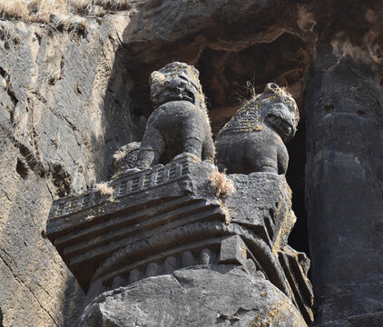 Pillar carvings at cave chaitya, Karla caves (Lonavala, Maharashtra)
