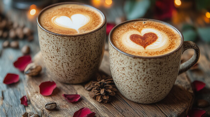 Two coffee cups with hearts on them sit on a wooden table
