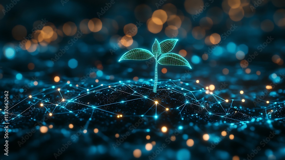 Poster digital representation of growing plant with abstract network background and sparkling lights effect