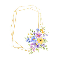 Floral geometric gold frame. Watercolor hand drawing golden border with place for text, with flowers and leaves. Isolated on white background.