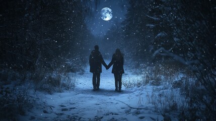 A couple holding hands in a snowy forest at night under a full moon.