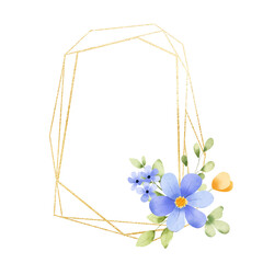 Floral geometric gold frame. Watercolor hand drawing golden border with place for text, with flowers and leaves. Isolated on white background.