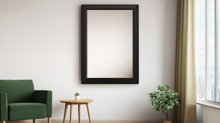 Modern Living Room Interior Design with Green Armchair and Black Framed Mirror