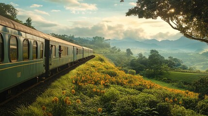 Fototapeta premium A Scenic Train Ride Through Rolling Hills, A Peaceful Journey Across Vast Green Meadows, A Picturesque Train Journey Through Serene Countryside, A Train Adventure Through Lush, Verdant Landscapes