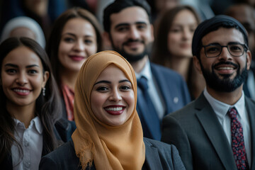 Obraz premium Portrait of a business woman wearing a hijab within a diverse group of business people smiling and standing together