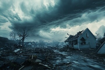 Storm-ravaged neighborhood; debris, damaged houses, ominous sky.