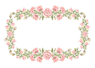 Pink roses with green leaves. Spring flowers horizontal frame, border. Template with copy space Hand drawn watercolor illustration isolated. Background for invitation, wedding, Valentines Day, textile