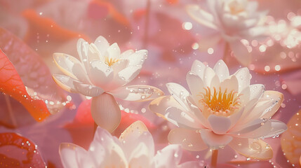 Fototapeta premium Water Lilies on Ethereal Pink Background – Japanese Kōsōhaku Style - 300 DPI