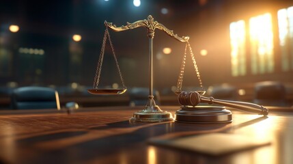 Golden Scales of Justice in a Courtroom. Generative AI