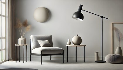 Minimalist Reading Nook with Gray Armchair, Modern Lamp, and Neutral Decor