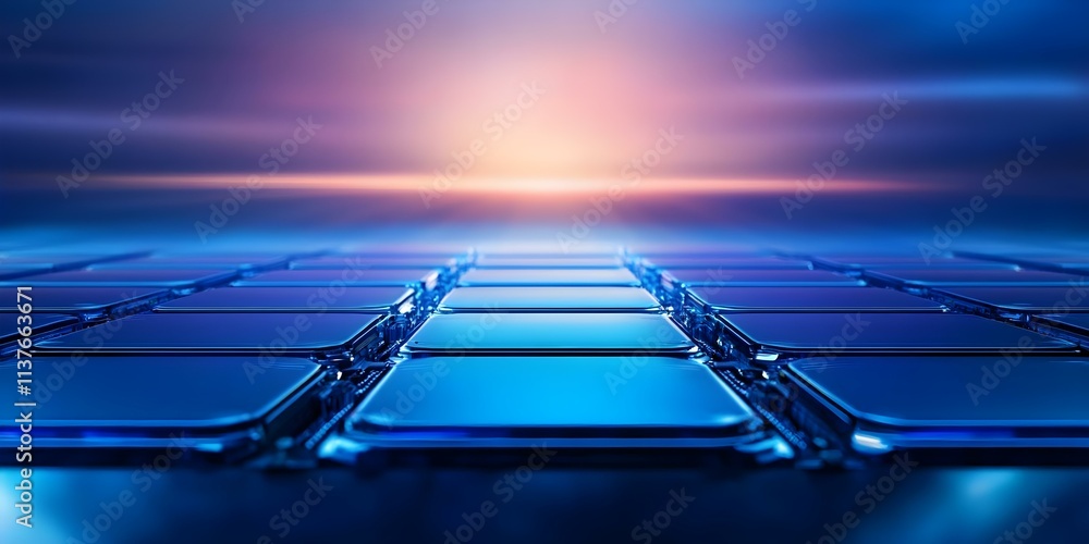 Poster a grid of shiny, reflective blue tiles arranged in a perspective view, with a soft gradient backgrou