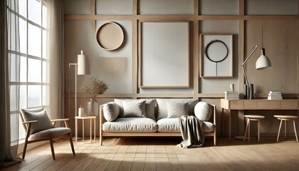 Warm Minimalist Living Room with Beige Sofa, Circular Mirrors, and Soft Lighting