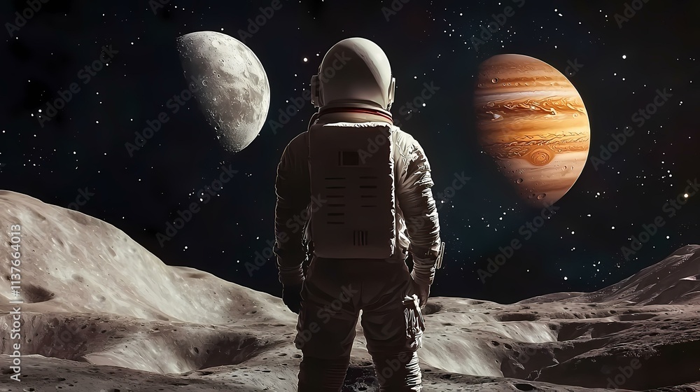 Poster an astronaut stands on a cratered lunar surface, gazing at jupiter and a partially illuminated moon 