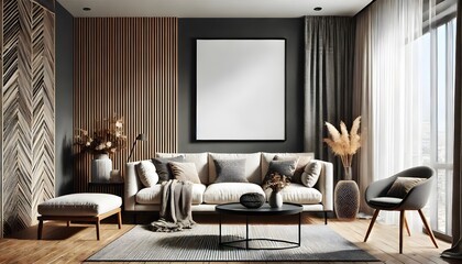 Modern Living Room with Gray Sofa, Abstract Artwork, and Textured Wall