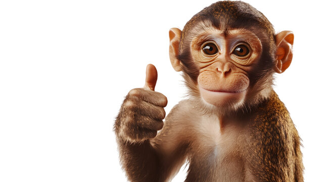 Cute monkey giving a thumbs up, expressing happiness and positivity, isolated on white background