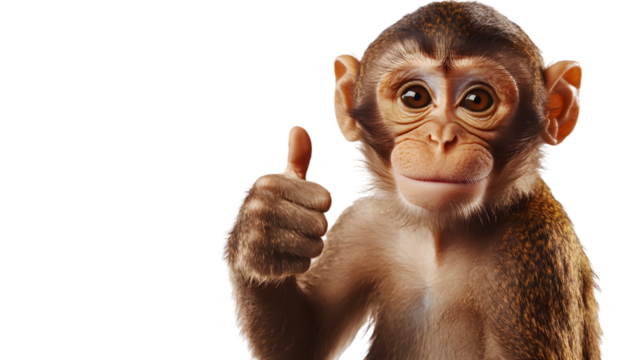 Cute monkey giving a thumbs up, expressing happiness and positivity, isolated on white background