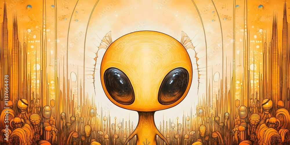 Poster a stylized alien figure with large black eyes, set against a vibrant orange background filled with a