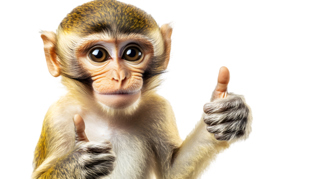 Cute monkey giving thumbs up gesture with a charming expression, isolated on white background