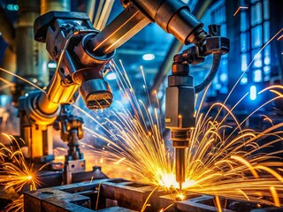 Low Light Industrial Robot Welding - Sparks, Metal, Manufacturing Automation