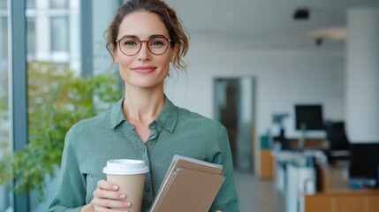 Professional woman in glasses, holding coffee and files, smiles confidently in a modern office setting.