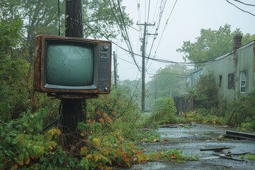 Television atop a broken electric pole amidst uprooted trees and damaged power lines after a powerful windstorm, captured in realist style.