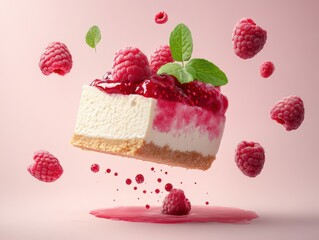 A floating cheesecake topped with raspberry sauce and fresh raspberries on a pink background.