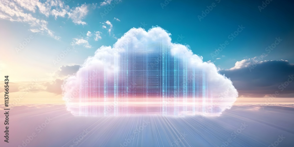 Poster a digital cloud representing data storage and technology, with a futuristic design and vibrant color
