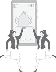 Communication in social networks, network message and email alerts, like and subscriber social media message alerts, businesswoman shaking the bell inside the smartphone