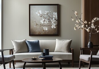 Sophisticated drawing room with a poster-less frame, bloom, and table for displaying merchandise.