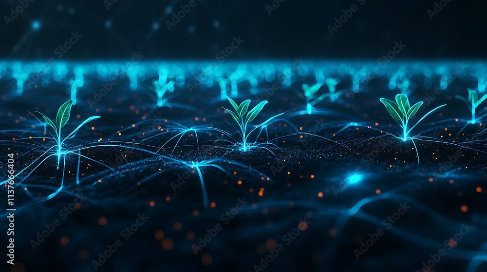 Poster futuristic digital landscape with glowing seedlings and interconnected roots in a tech-inspired sett