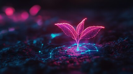 Futuristic glowing plant emerging from an illuminated ground in a vibrant digital landscape at night