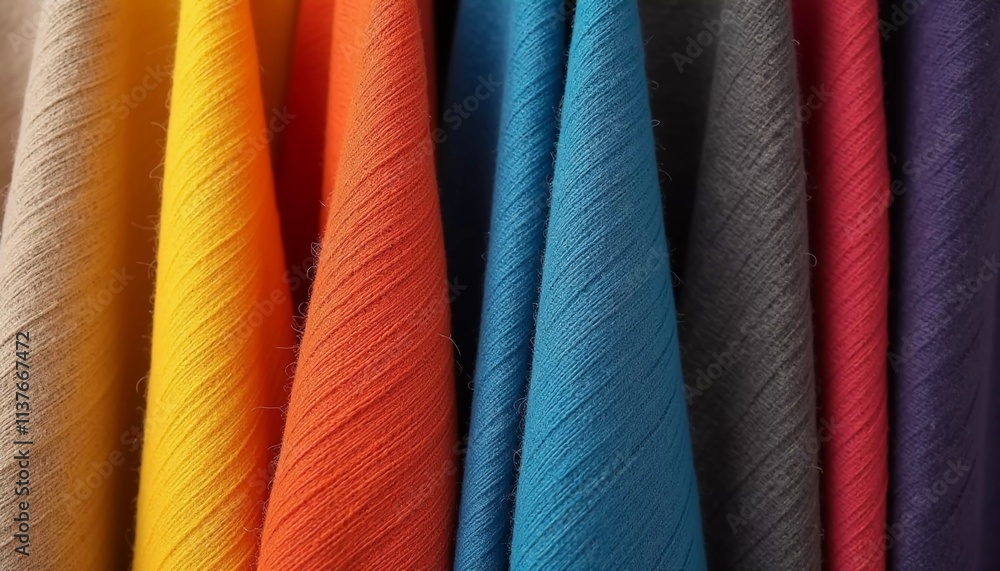 Poster various samples of woolen fabric in different colors are neatly organized, showcasing a vibrant pale