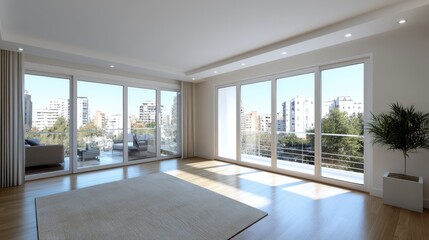 Obraz premium Sunlight pours into a minimalist living room, creating a bright and spacious environment that feels refreshing and calm.