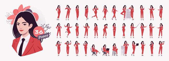 Ambitious businesswoman, confident business lady in red character set, office bundle. Effective active project leader in co-working space poses, ceo conversation, life situations. Vector illustration
