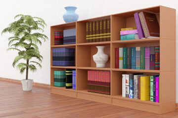 Fototapeta premium Libreria in primo piano. Numerosi libri sono allineati sugli scaffali di una libreria, sullo sfondo pianta d'appartamento..
