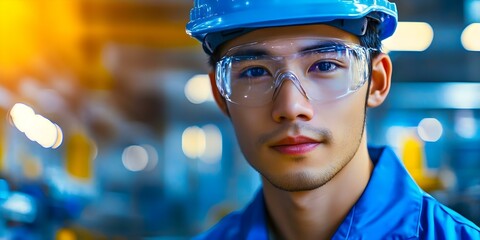 A young man wearing safety glasses and a blue hard hat, standing in a brightly lit industrial environment. Concept Safety Gear, Industrial Workplace, Young Professional, Bright Lighting