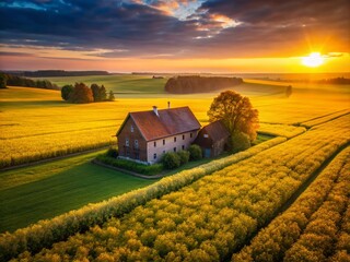 Low Light Rapeseed Field Building Photography - Night Scene, Rural Landscape, Polish Countryside