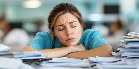 A tired person in medical scrubs rests their head on a desk surrounded by piles of paperwork. Concept Workplace Fatigue, Medical Professional Stress, Importance of Breaks, Managing Paperwork
