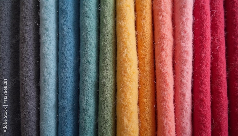 Poster various samples of woolen fabric in different colors are neatly organized, showcasing a vibrant pale