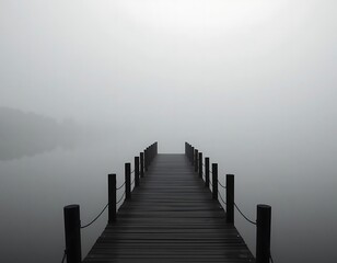 Obraz premium Silhouette of a small wooden pier on a foggy lake