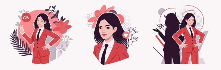 Ambitious businesswoman, confident business lady in red suit, tie, angel, devil and yes, no choice, modern design for art magazine, blog, graphic advertisement, digital social media illustration set