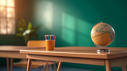Globe on a School Desk with Pen Holder. Generative AI