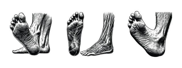 set of human foot illustration black and white hand drawn vector style