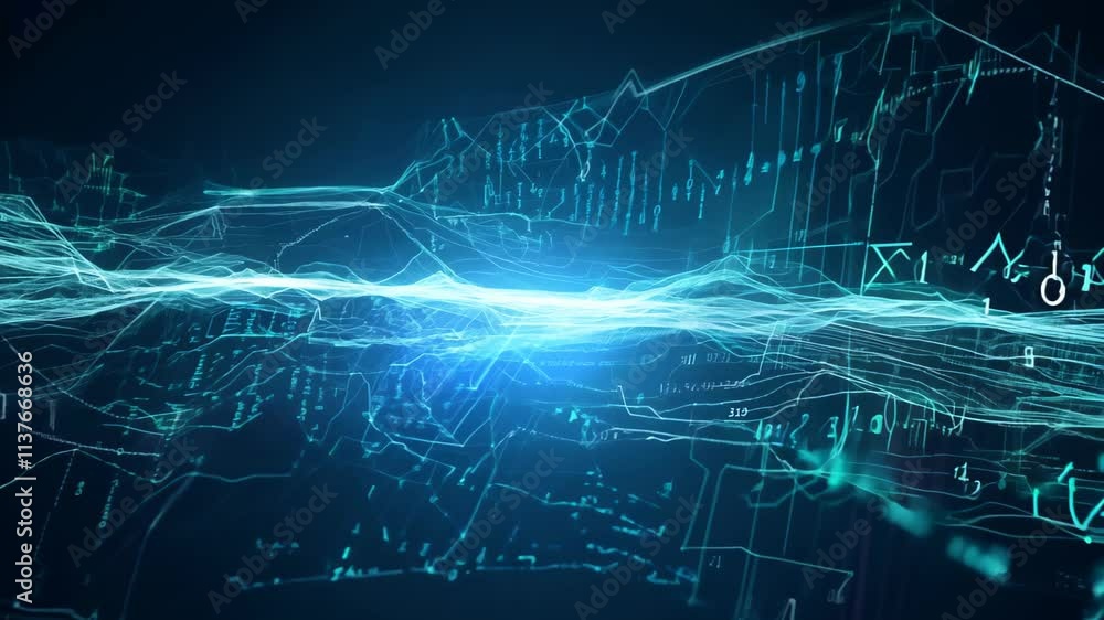 Poster exploring abstract digital waveforms in a high-tech environment with vibrant colors and dynamic move