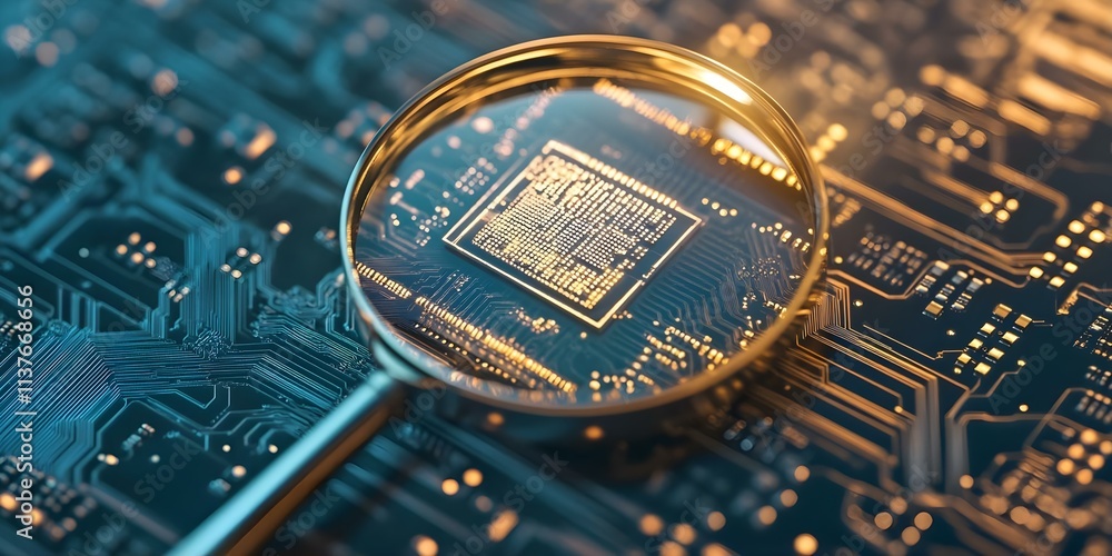 Poster a magnifying glass focusing on a microchip, highlighting intricate circuit patterns on a blue circui